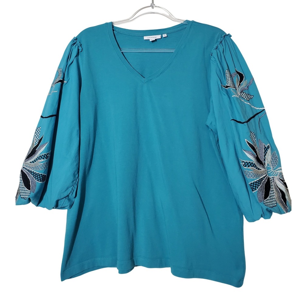 Chico's 3 Blue Embroidered Balloon Sleeve V-NECK Top Womens‎ XL Bohemian Cotton